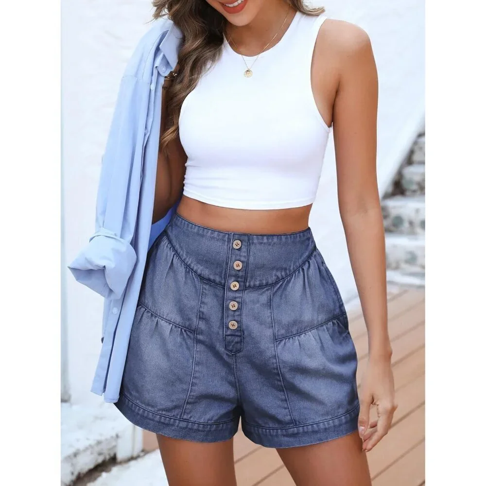Women's Denim Shorts High Waist Baggy Wide Leg Casual Button Up Flowy